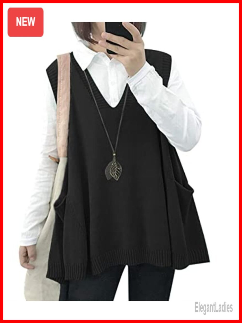 Oversized Cotton Knit Sweater Vest with Drop Pockets Sleeveless V-Neck